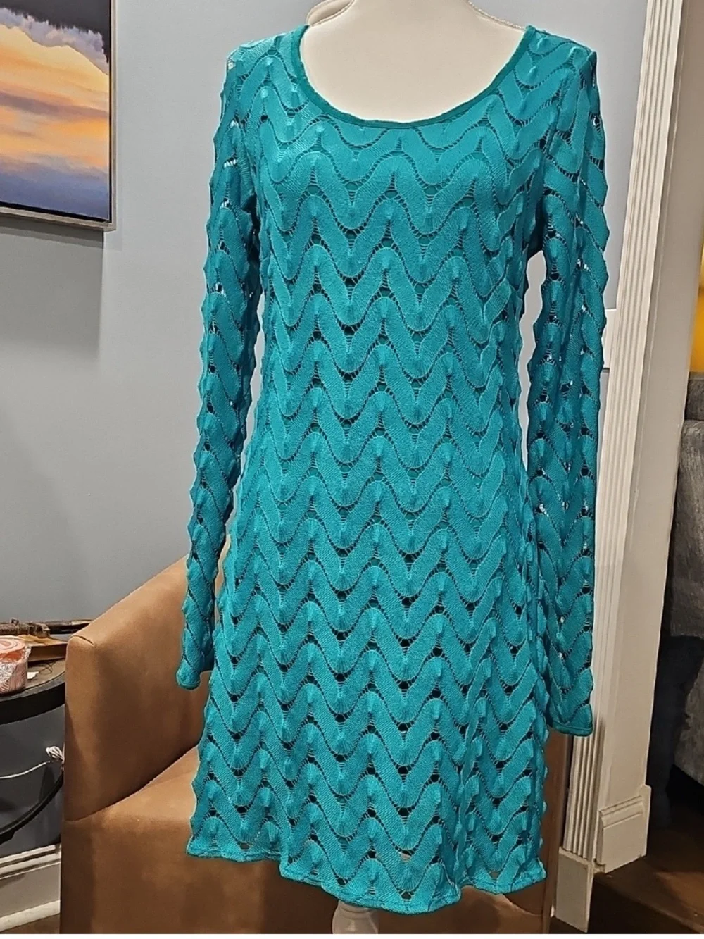 Free People Teal Open-Back Long Sleeve Lace Knit Dress